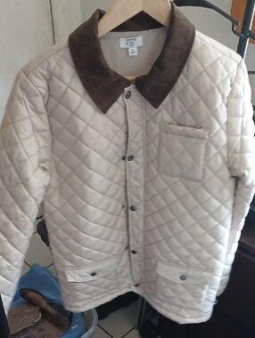 crown & ivy Cream Quilted Jacket with Brown Corduroy Collar